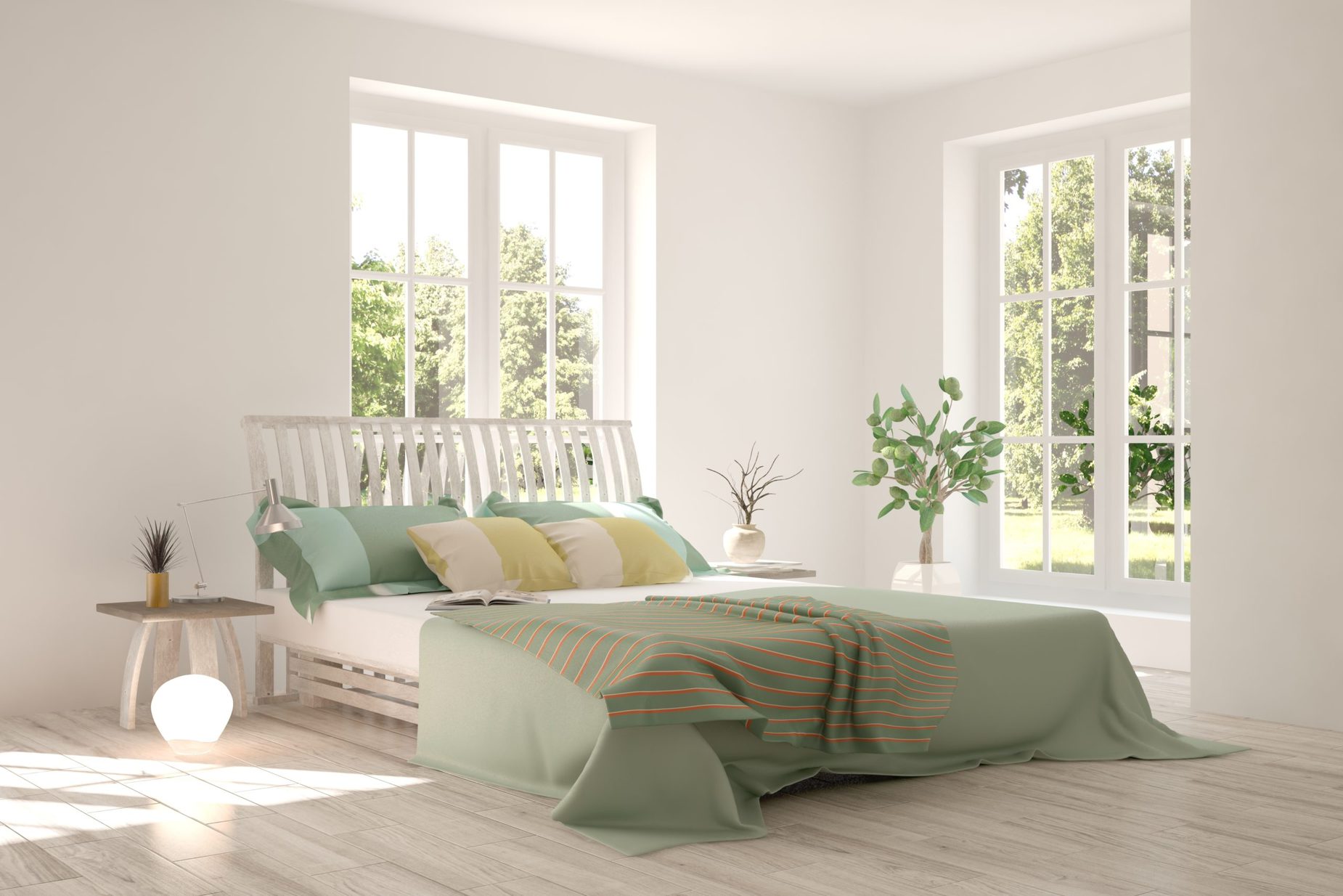 White,Bedroom,With,Green,Landscape,In,Window.,Scandinavian,Interior,Design.
